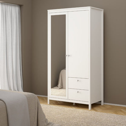 Madrid White Single Wardrobe w/ Mirror & 2 Drawers - White Tree Furniture