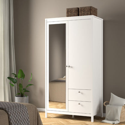 Madrid White Single Wardrobe w/ Mirror & 2 Drawers - White Tree Furniture