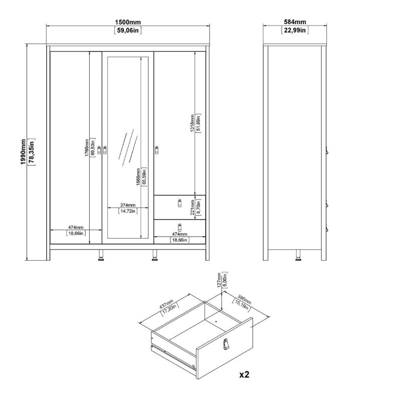 Madrid White Double Wardrobe w/ Mirror & 2 Drawers - White Tree Furniture