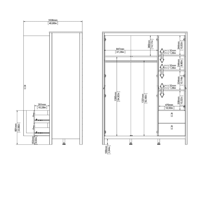 Madrid White Double Wardrobe w/ Mirror & 2 Drawers - White Tree Furniture