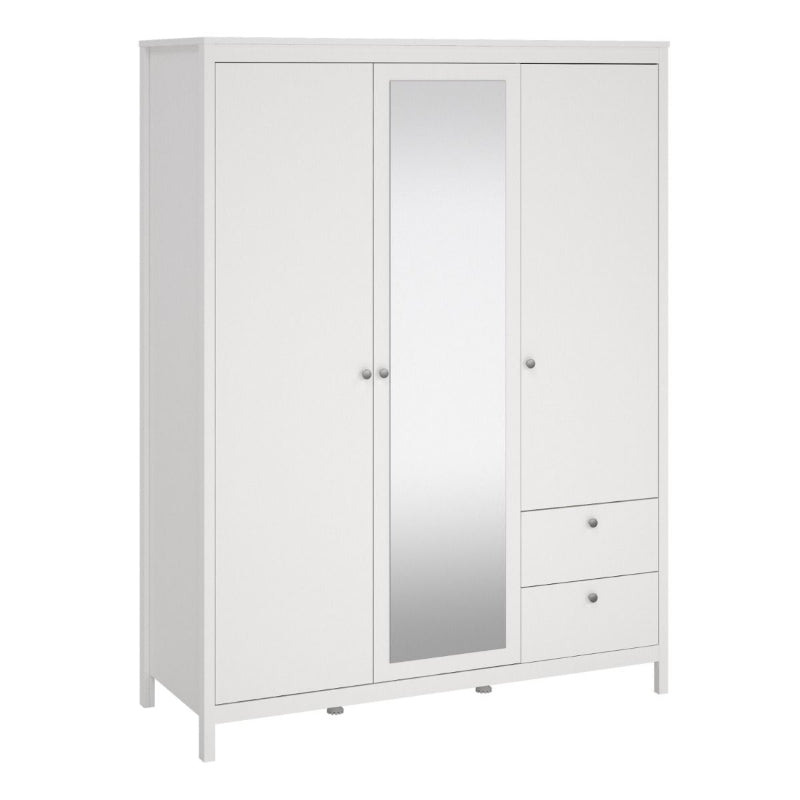 Madrid White Double Wardrobe w/ Mirror & 2 Drawers - White Tree Furniture