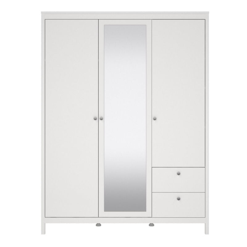 Madrid White Double Wardrobe w/ Mirror & 2 Drawers - White Tree Furniture