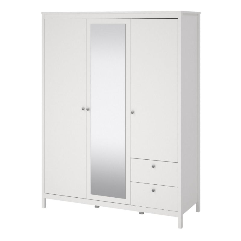 Madrid White Double Wardrobe w/ Mirror & 2 Drawers - White Tree Furniture