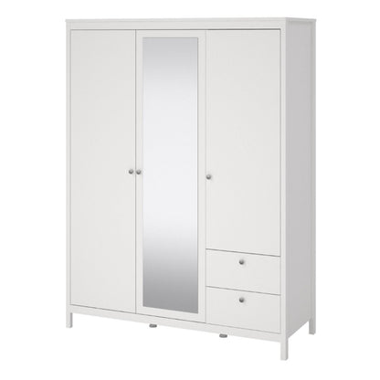 Madrid White Double Wardrobe w/ Mirror & 2 Drawers - White Tree Furniture