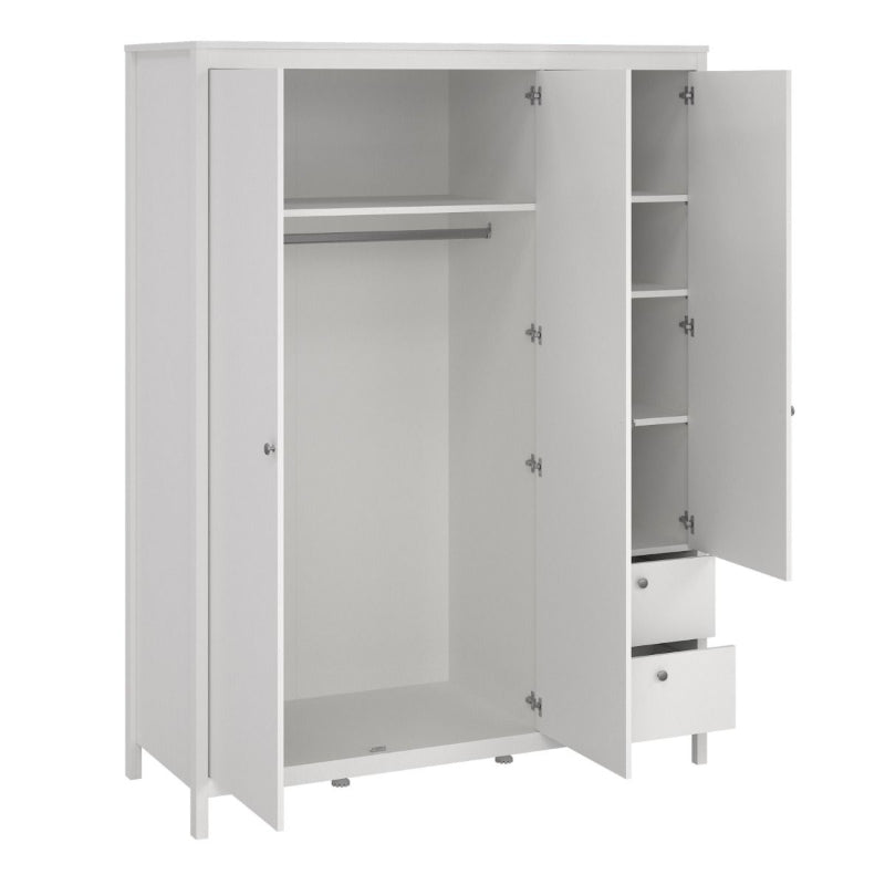 Madrid White Double Wardrobe w/ Mirror & 2 Drawers - White Tree Furniture