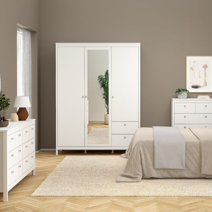 Madrid White Double Wardrobe w/ Mirror & 2 Drawers - White Tree Furniture