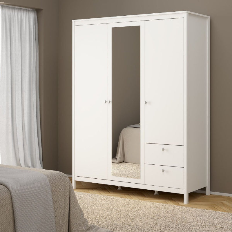 Madrid White Double Wardrobe w/ Mirror & 2 Drawers - White Tree Furniture