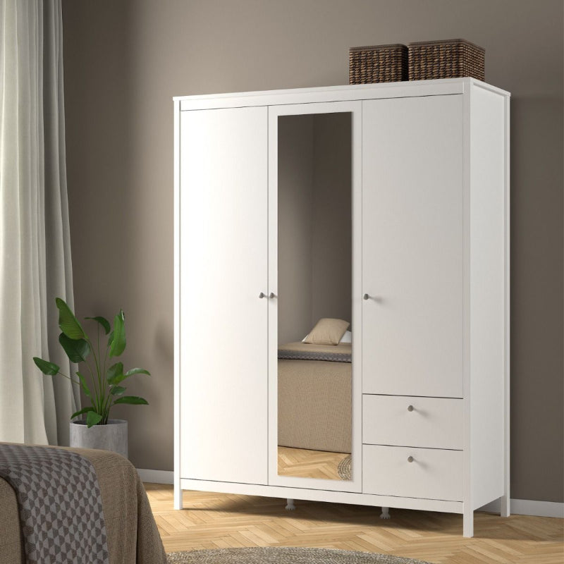 Madrid White Double Wardrobe w/ Mirror & 2 Drawers - White Tree Furniture