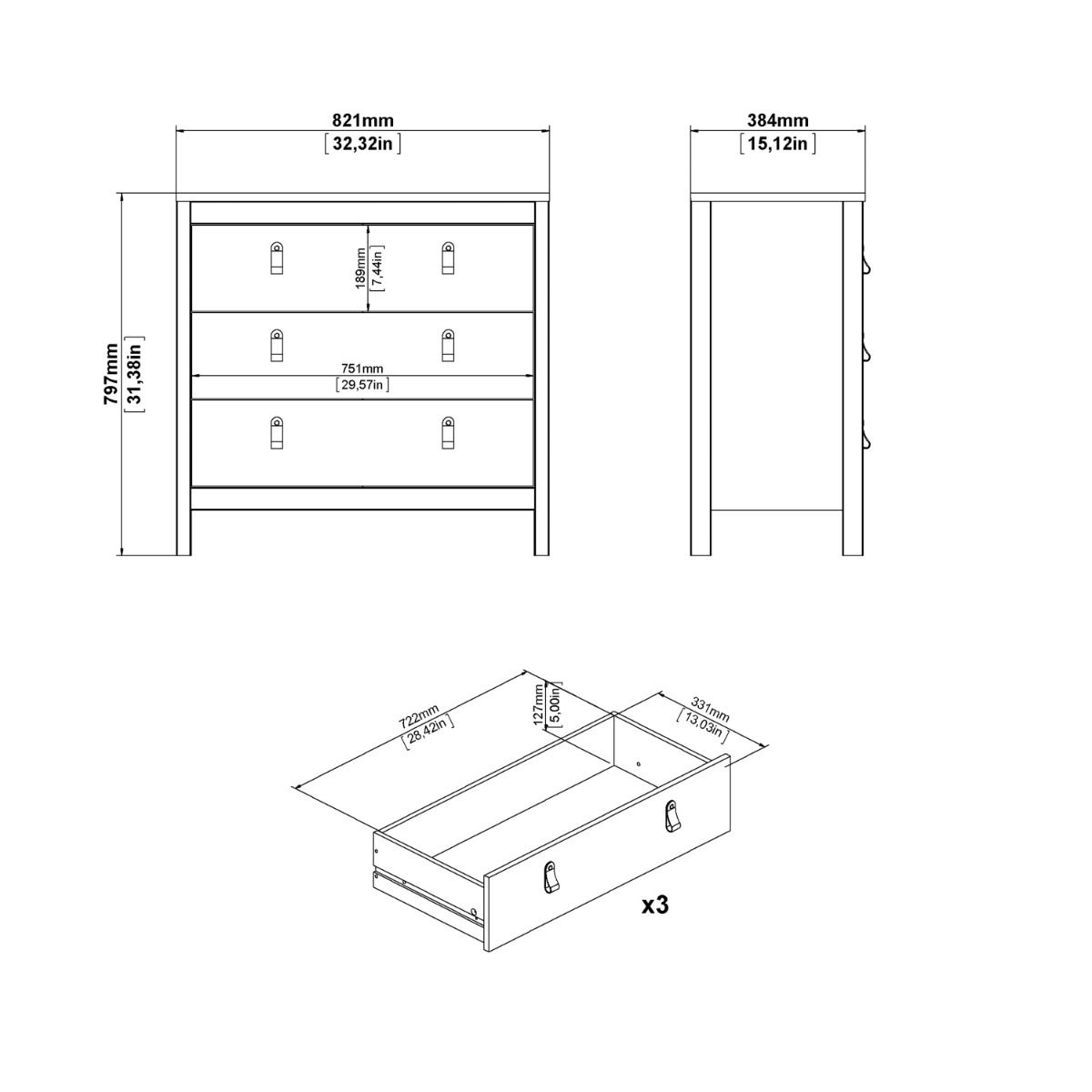 Madrid White Chest w/ 3 Drawers