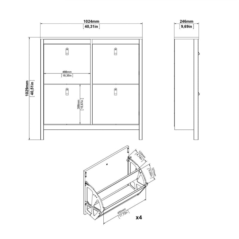 Madrid White Shoe Cabinet w/ 4 Flip Down Doors - White Tree Furniture