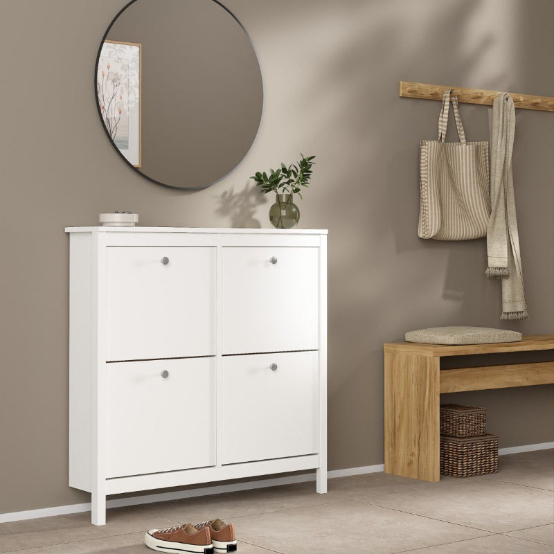 Madrid White Shoe Cabinet w/ 4 Flip Down Doors - White Tree Furniture