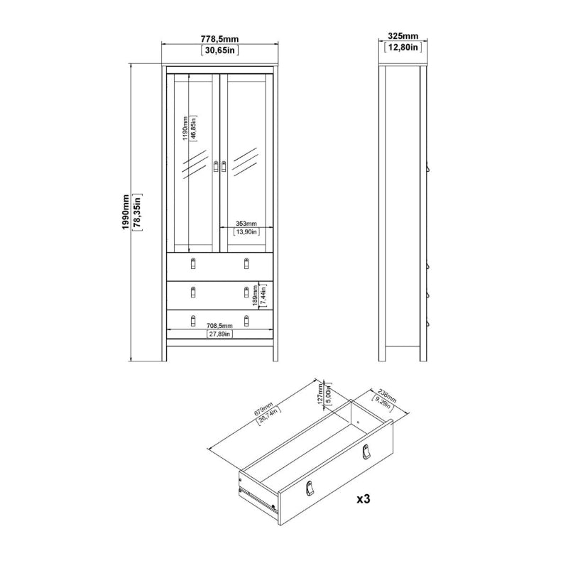 Madrid White China Cabinet w/ 2 Glass Doors & 3 Drawers - White Tree Furniture