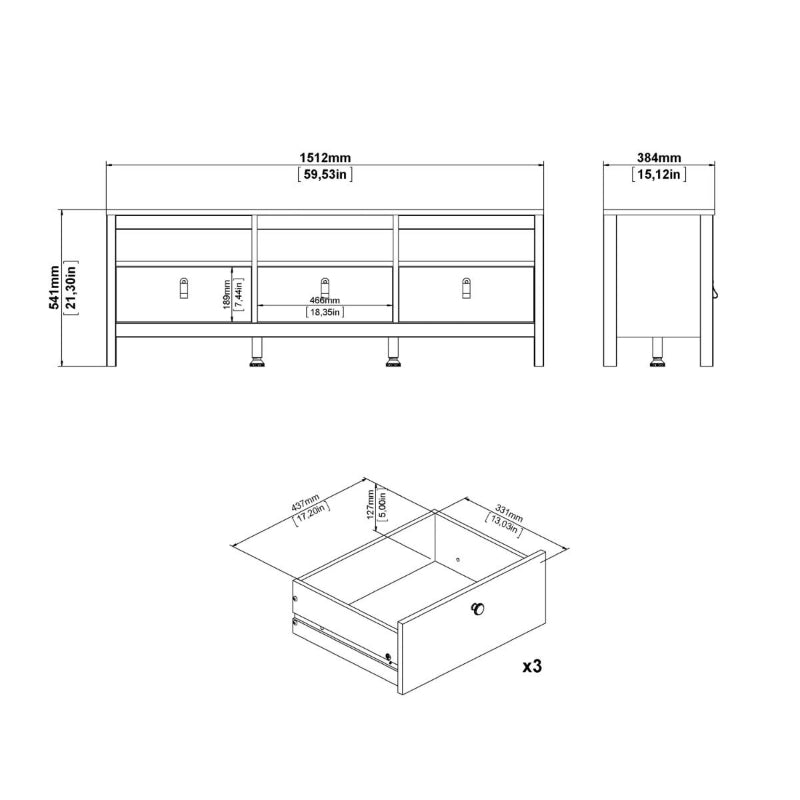 Madrid White TV Unit w/ 3 Drawers - White Tree Furniture