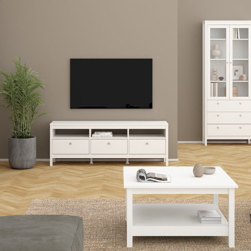 Madrid White TV Unit w/ 3 Drawers - White Tree Furniture