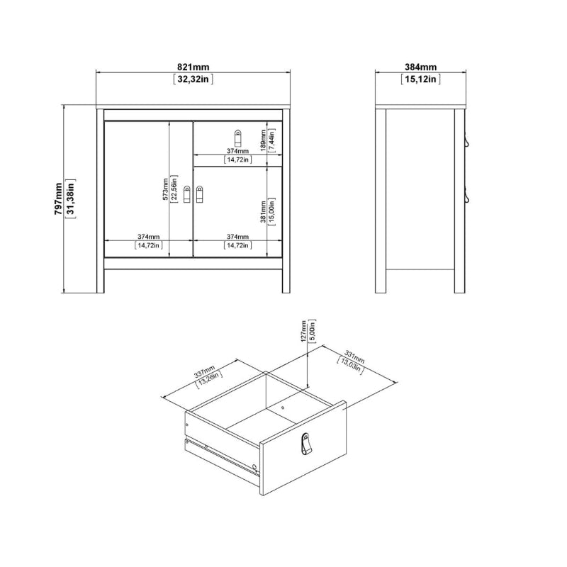 Madrid White Sideboard w/ 2 Doors & 1 Drawer - White Tree Furniture