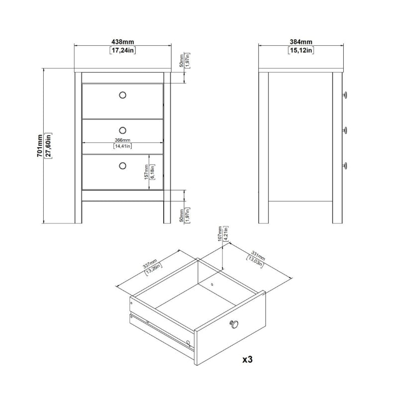 Madrid White Bedside Table w/ 3 Drawers - White Tree Furniture