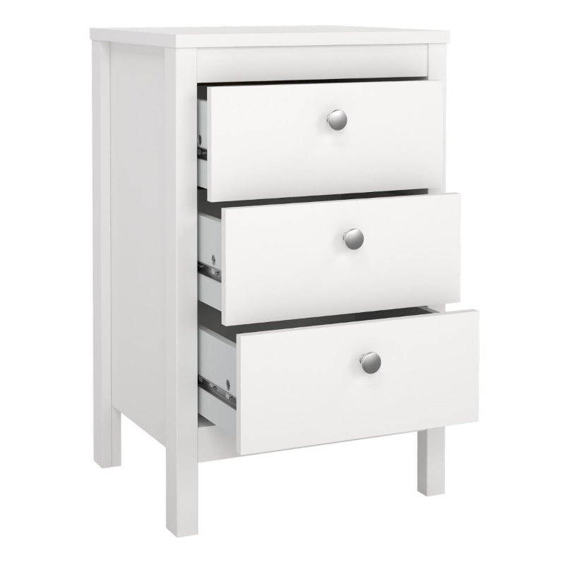 Madrid White Bedside Table w/ 3 Drawers - White Tree Furniture