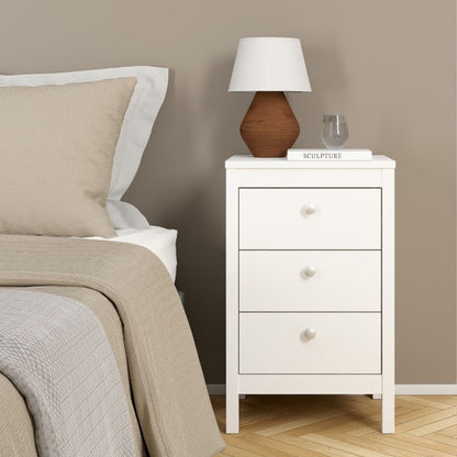 Madrid White Bedside Table w/ 3 Drawers - White Tree Furniture