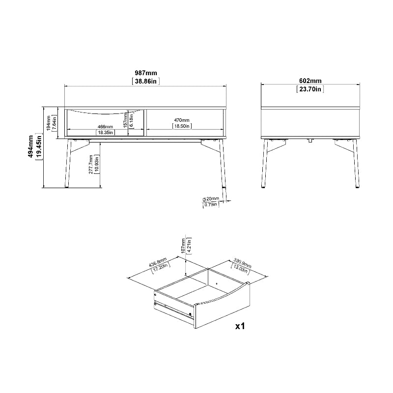 Fur Coffee Table w/ 1 Drawer in Grey & White - White Tree Furniture