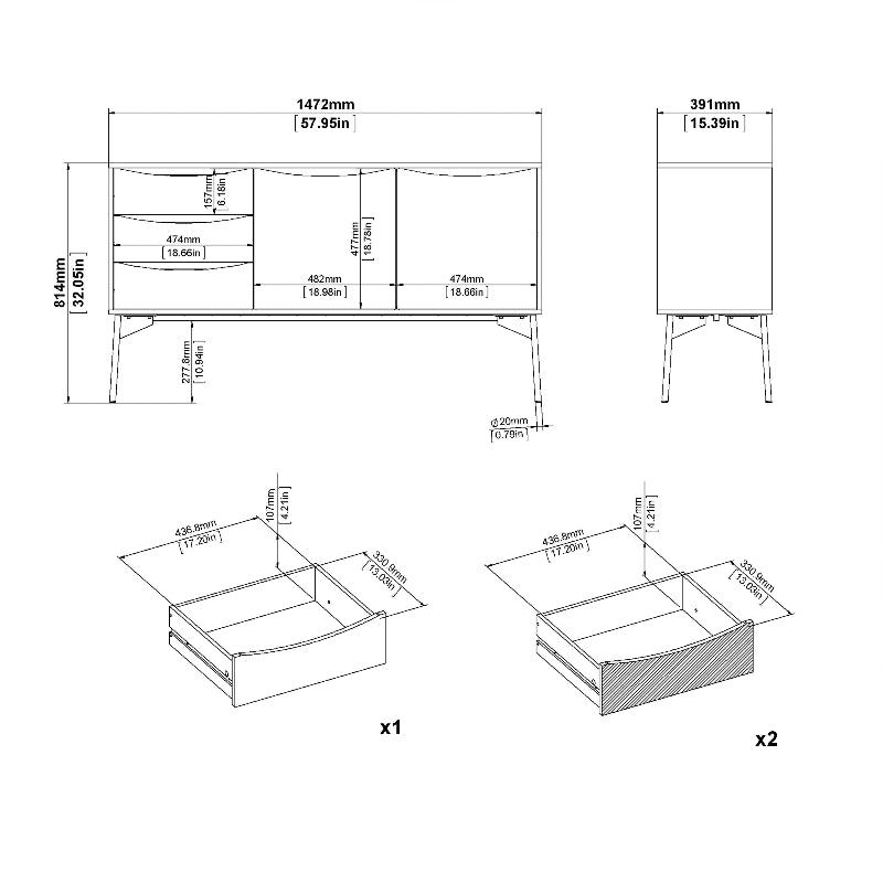 Fur Sideboard w/ 2 Doors & 3 Drawers in Grey & White - White Tree Furniture