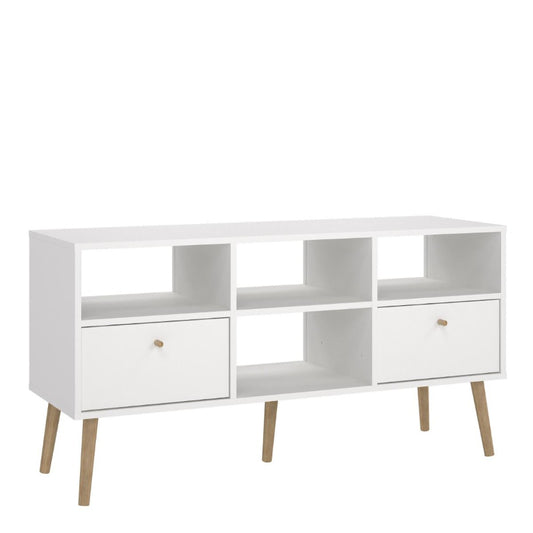 Cumbria White TV Unit w/ 2 Drawers & Oak Legs - White Tree Furniture