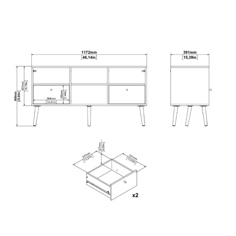 Cumbria White TV Unit w/ 2 Drawers & Oak Legs - White Tree Furniture