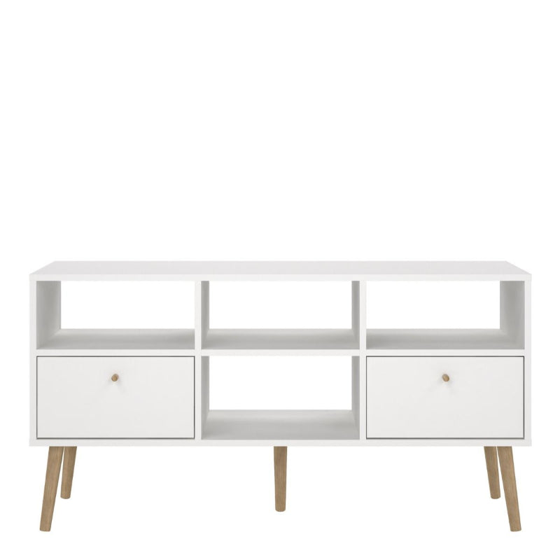 Cumbria White TV Unit w/ 2 Drawers & Oak Legs - White Tree Furniture