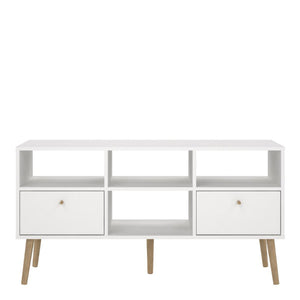 Cumbria White TV Unit w/ 2 Drawers & Oak Legs - White Tree Furniture