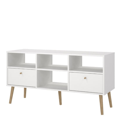 Cumbria White TV Unit w/ 2 Drawers & Oak Legs - White Tree Furniture