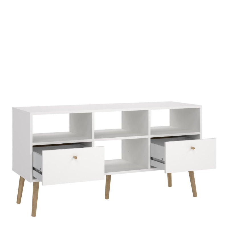 Cumbria White TV Unit w/ 2 Drawers & Oak Legs - White Tree Furniture