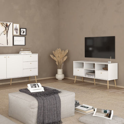 Cumbria White TV Unit w/ 2 Drawers & Oak Legs - White Tree Furniture