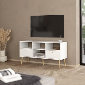 Cumbria White TV Unit w/ 2 Drawers & Oak Legs - White Tree Furniture