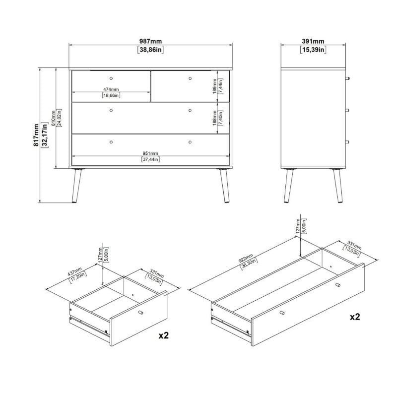 Cumbria White Chest of Drawers 2+2 w/ Oak Legs - White Tree Furniture