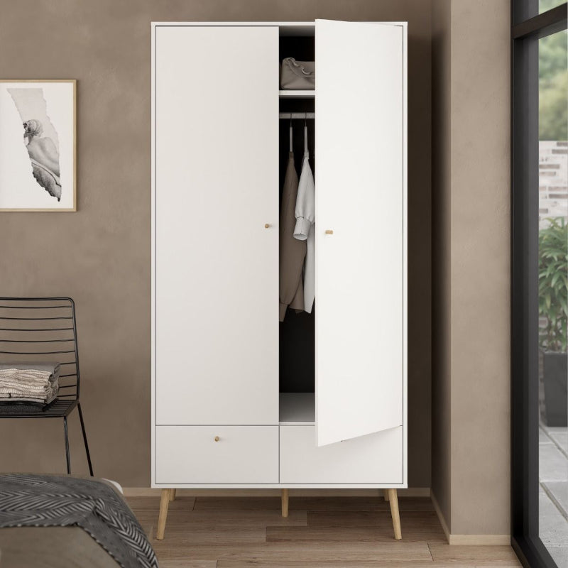 Cumbria White Double Wardrobe w/ 2 Drawers & Oak Legs - White Tree Furniture