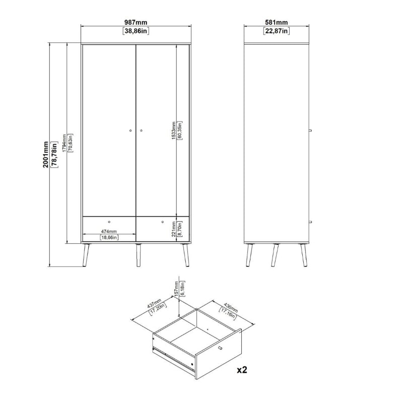 Cumbria White Double Wardrobe w/ 2 Drawers & Oak Legs - White Tree Furniture