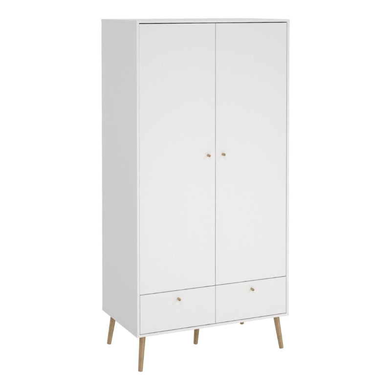 Cumbria White Double Wardrobe w/ 2 Drawers & Oak Legs - White Tree Furniture