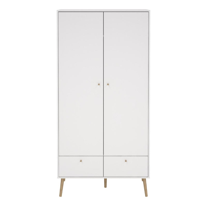 Cumbria White Double Wardrobe w/ 2 Drawers & Oak Legs - White Tree Furniture