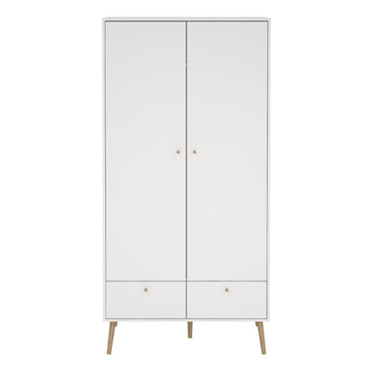 Cumbria White Double Wardrobe w/ 2 Drawers & Oak Legs - White Tree Furniture