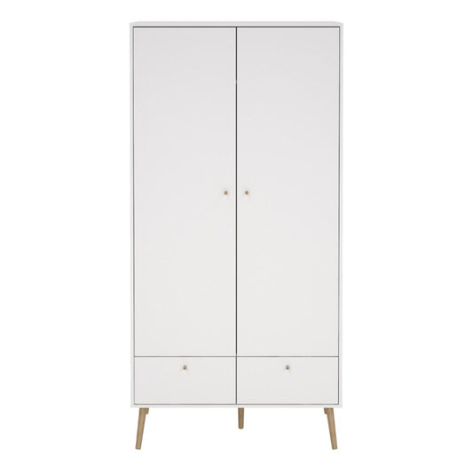 Cumbria White Double Wardrobe w/ 2 Drawers & Oak Legs - White Tree Furniture