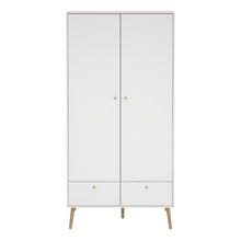 Cumbria White Double Wardrobe w/ 2 Drawers & Oak Legs - White Tree Furniture