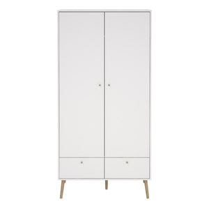 Cumbria White Double Wardrobe w/ 2 Drawers & Oak Legs - White Tree Furniture