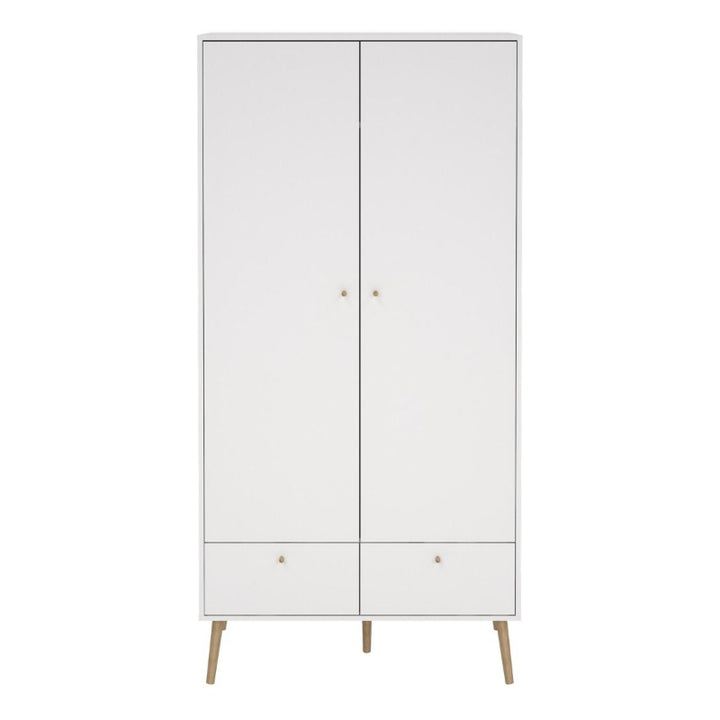 Cumbria White Double Wardrobe w/ 2 Drawers & Oak Legs - White Tree Furniture