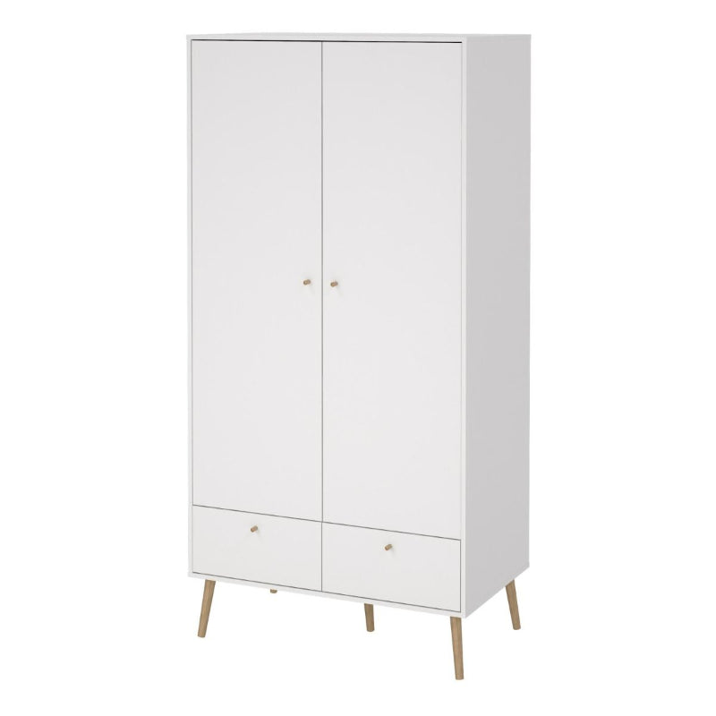 Cumbria White Double Wardrobe w/ 2 Drawers & Oak Legs - White Tree Furniture