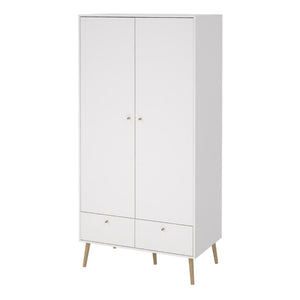 Cumbria White Double Wardrobe w/ 2 Drawers & Oak Legs - White Tree Furniture