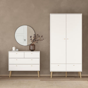 Cumbria White Double Wardrobe w/ 2 Drawers & Oak Legs - White Tree Furniture