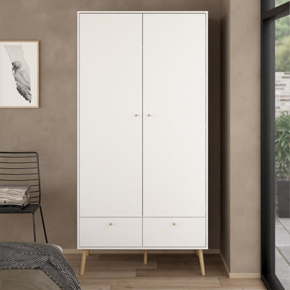 Cumbria White Double Wardrobe w/ 2 Drawers & Oak Legs - White Tree Furniture