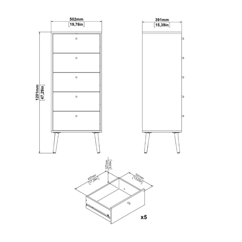 Cumbria White Narrow Chest 5 Drawers w/ Oak Legs - White Tree Furniture