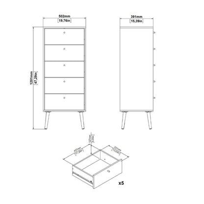 Cumbria White Narrow Chest 5 Drawers w/ Oak Legs - White Tree Furniture