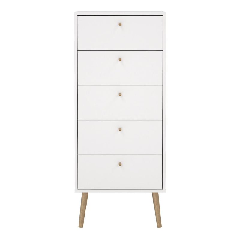 Cumbria White Narrow Chest 5 Drawers w/ Oak Legs - White Tree Furniture