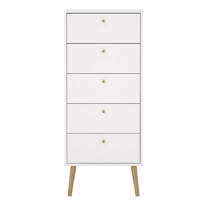 Cumbria White Narrow Chest 5 Drawers w/ Oak Legs - White Tree Furniture